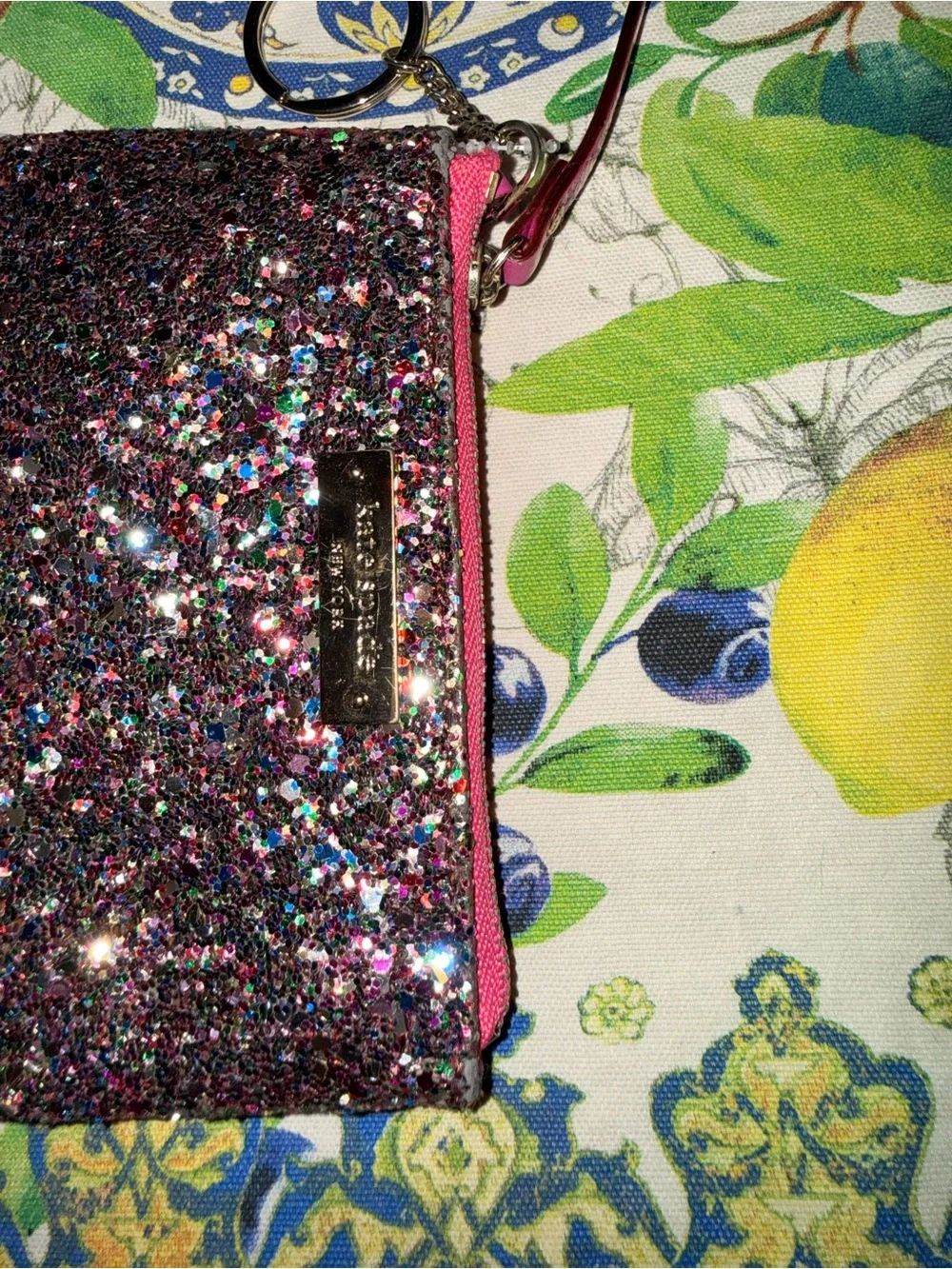 kate spade Glitter Multi Sparkle Zip Pouch with Pink Trim